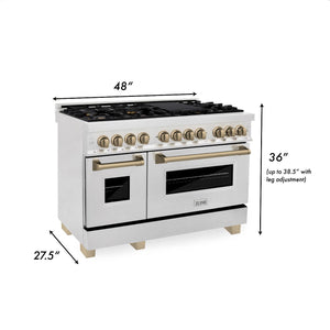 ZLINE Autograph Edition 48 in. 6.0 cu. ft. Dual Fuel Range with Gas Stove and Electric Oven in DuraSnow® Stainless Steel with Champagne Bronze Accents (RASZ-SN-48-CB) dimensions for installation