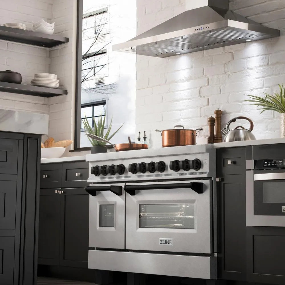 Modern kitchen with a ZLINE Autograph Edition 48 in. 6.0 cu. ft. Legacy Dual Fuel Range with 7 Burner Gas Cooktop and 2 Electric Ovens in Satin Stainless Steel and Matte Black Accents (RASZ-SN-48-MB) and range hood.