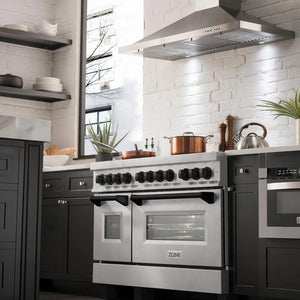 Modern kitchen with a ZLINE Autograph Edition 48 in. 6.0 cu. ft. Legacy Dual Fuel Range with 7 Burner Gas Cooktop and 2 Electric Ovens in Satin Stainless Steel and Matte Black Accents (RASZ-SN-48-MB) and range hood.