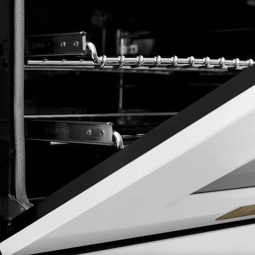ZLINE Autograph Edition 60 in. 7.4 cu. ft. Legacy Dual Fuel Range with 9 Burner Gas Cooktop and 2 Electric Convection Ovens in Stainless Steel with White Matte Doors and Champagne Bronze Accents (RAZ-WM-60-CB) oven door.
