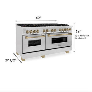 ZLINE Autograph Edition 60 in. 7.4 cu. ft. Dual Fuel Range with Gas Stove and Electric Oven in DuraSnow® Stainless Steel with Champagne Bronze Accents (RASZ-SN-60-CB) dimensions for installation