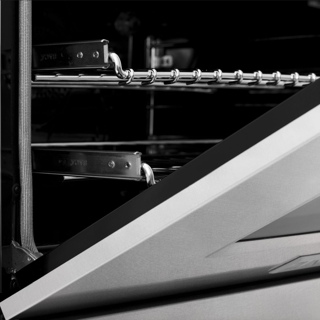 Stay-Put door hinges and Smooth-Glide oven racks on ZLINE range.