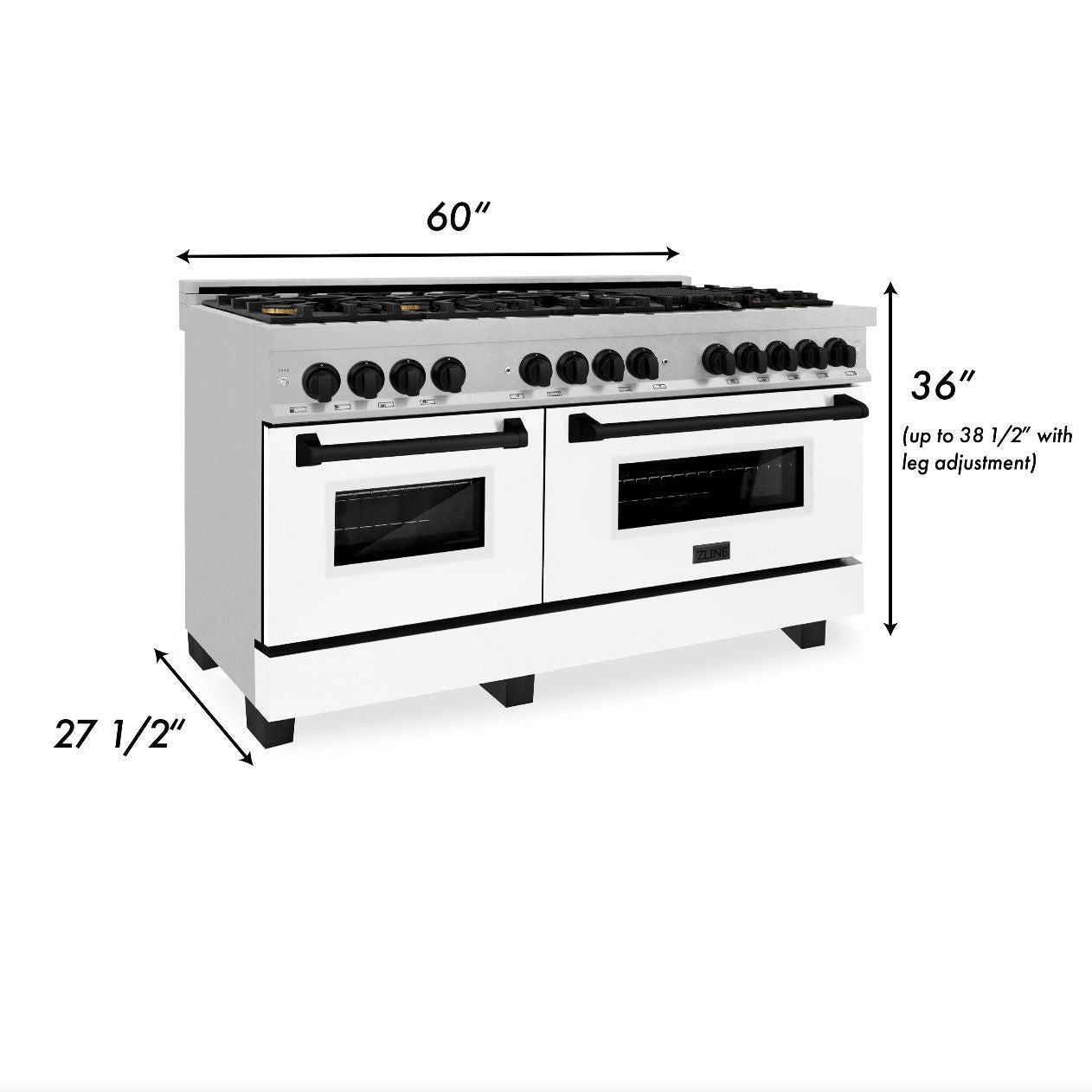 ZLINE Autograph Edition 60 in. 7.4 cu. ft. Dual Fuel Range with Gas Stove and Electric Oven in Stainless Steel with White Matte Doors and Matte Black Accents (RAZ-WM-60-MB) dimensions for installation