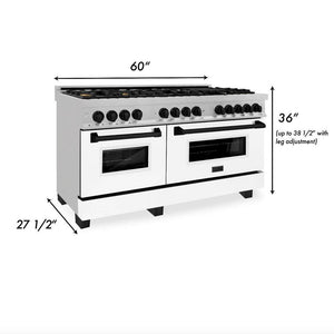 ZLINE Autograph Edition 60 in. 7.4 cu. ft. Legacy Dual Fuel Range with 9 Burner Gas Cooktop and 2 Electric Convection Ovens in Stainless Steel with White Matte Doors and Matte Black Accents (RAZ-WM-60-MB) dimensional diagram.