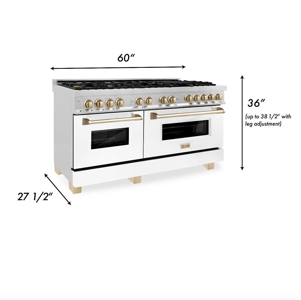 ZLINE Autograph Edition 60 in. 7.4 cu. ft. Dual Fuel Range with Gas Stove and Electric Oven in DuraSnow® Stainless Steel with White Matte Doors and Polished Gold Accents (RASZ-WM-60-G) dimensions for installation