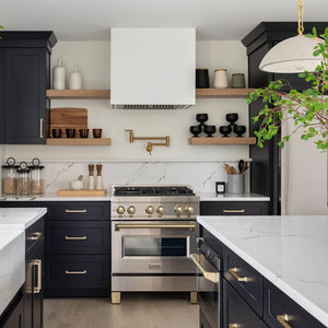 ZLINE Autograph Edition 30 in. 4.0 cu. ft. Legacy Dual Fuel Range with 4 Burner Gas Cooktop and Electric Convection Oven in Stainless Steel and Polished Gold Accents (RAZ-30-G) in a luxury kitchen.