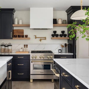 ZLINE Autograph Edition 30 in. 4.0 cu. ft. Legacy Dual Fuel Range with 4 Burner Gas Cooktop and Electric Convection Oven in Stainless Steel and Polished Gold Accents (RAZ-30-G) in a luxury kitchen.