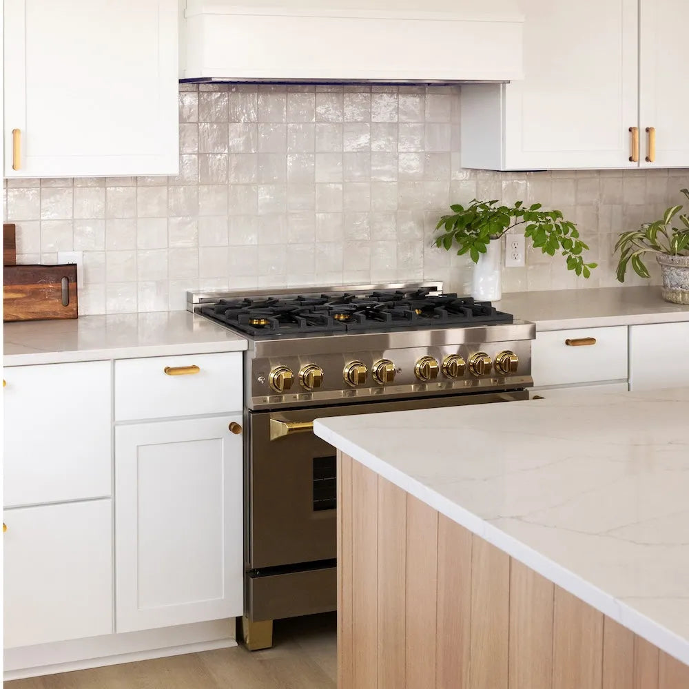 Farmhouse kitchen with ZLINE Autograph Edition 36 in. 4.6 cu. ft. Legacy Dual Fuel Range with 6 Burner Gas Cooktop and Electric Convection Oven in Stainless Steel and Polished Gold Accents (RAZ-36-G)and white cabinets