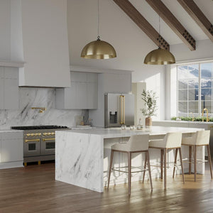 ZLINE Autograph Edition 48 in. 6.0 cu. ft. Legacy Dual Fuel Range with 7 Burner Gas Cooktop and 2 Electric Ovens in Stainless Steel and Polished Gold Accents (RAZ-48-G) in a modern luxury kitchen, wide.