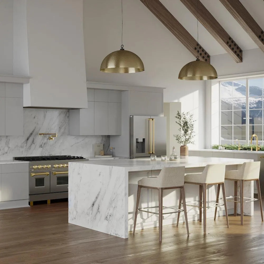 ZLINE Autograph Edition 36 in. 21.6 cu. ft. Counter-Depth French Door Refrigerator with Water and Ice Dispenser in Fingerprint-Resistant Stainless Steel with Polished Gold Traditional Handles (RFMZ-W-36-G) in a modern luxury kitchen, wide, side.