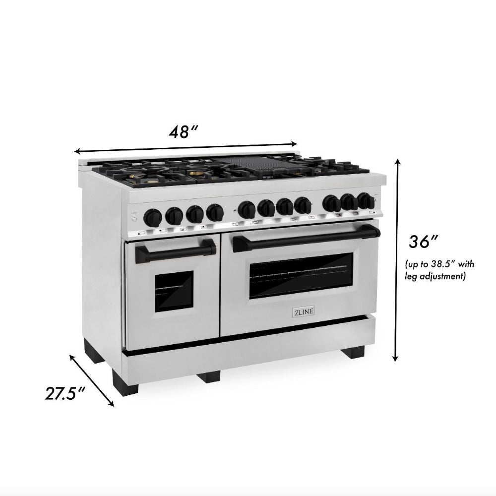 ZLINE Autograph Edition 48 in. 6.0 cu. ft. Dual Fuel Range with Gas Stove and Electric Oven in Stainless Steel with Matte Black Accents (RAZ-48-MB) dimensions for installation