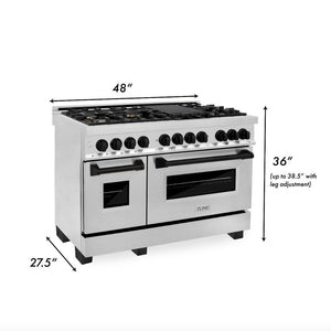 ZLINE Autograph Edition 48 in. 6.0 cu. ft. Legacy Dual Fuel Range with 7 Burner Gas Cooktop and 2 Electric Ovens in Stainless Steel and Matte Black Accents (RAZ-48-MB) dimensional diagram.