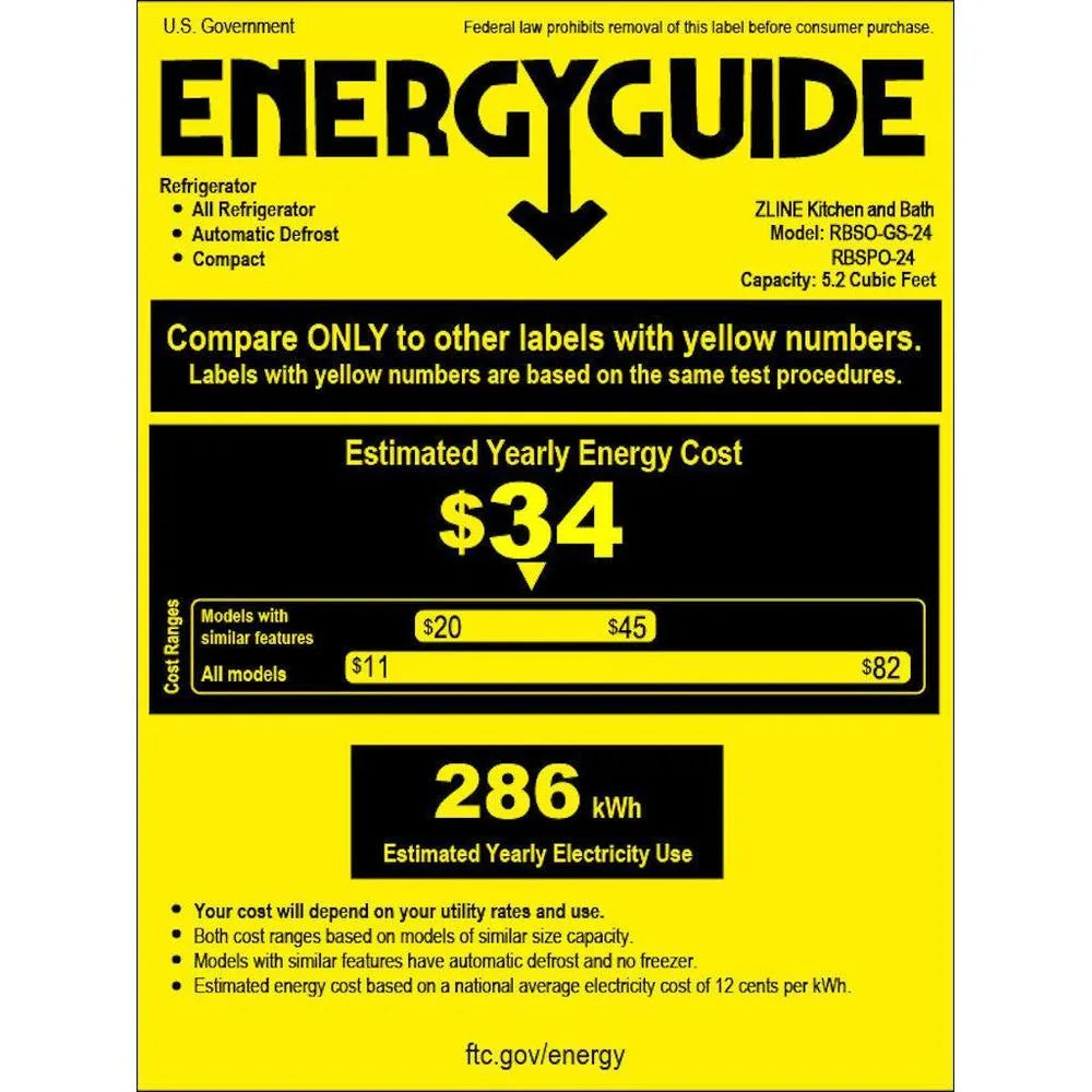 ZLINE Autograph Edition 24 in. Touchstone 151 Can Beverage Fridge With Stainless Steel Glass Door And Matte Black Handle (RBSOZ-GS-24-MB) energy guide