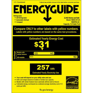 ZLINE Autograph Edition 24 in. Touchstone 151 Can Beverage Fridge with Solid Stainless Steel Door and Polished Gold Helix Handle (RBSOZ-ST-24-KG) energy usage guide.