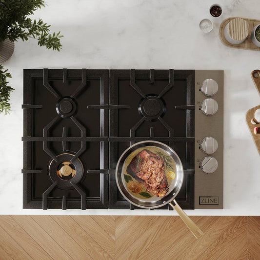 ZLINE 30 in. Gas Cooktop with 4 Brass Burners and Black Porcelain Top (RC-BR-30-PBT) overhead, in a kitchen with a pot of food cooking.