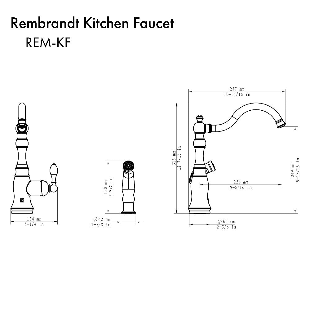 ZLINE Rembrandt Kitchen Faucet and Side Sprayer in Brushed Nickel (REM-KF-BN) dimensional diagram.