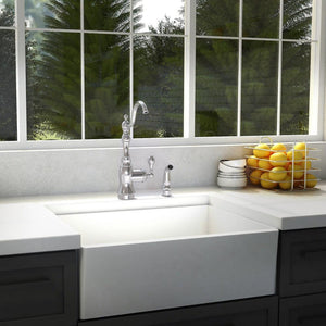 ZLINE Rembrandt Single Handle Kitchen Faucet and Side Sprayer in Chrome (REM-KF-CH) in a cottage-style kitchen.