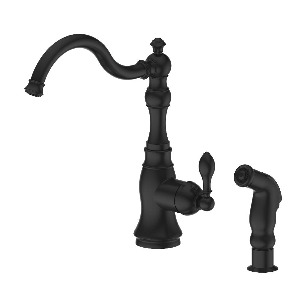 ZLINE Rembrandt Kitchen Faucet in Matte Black (REM-KF-MB) and side sprayer.