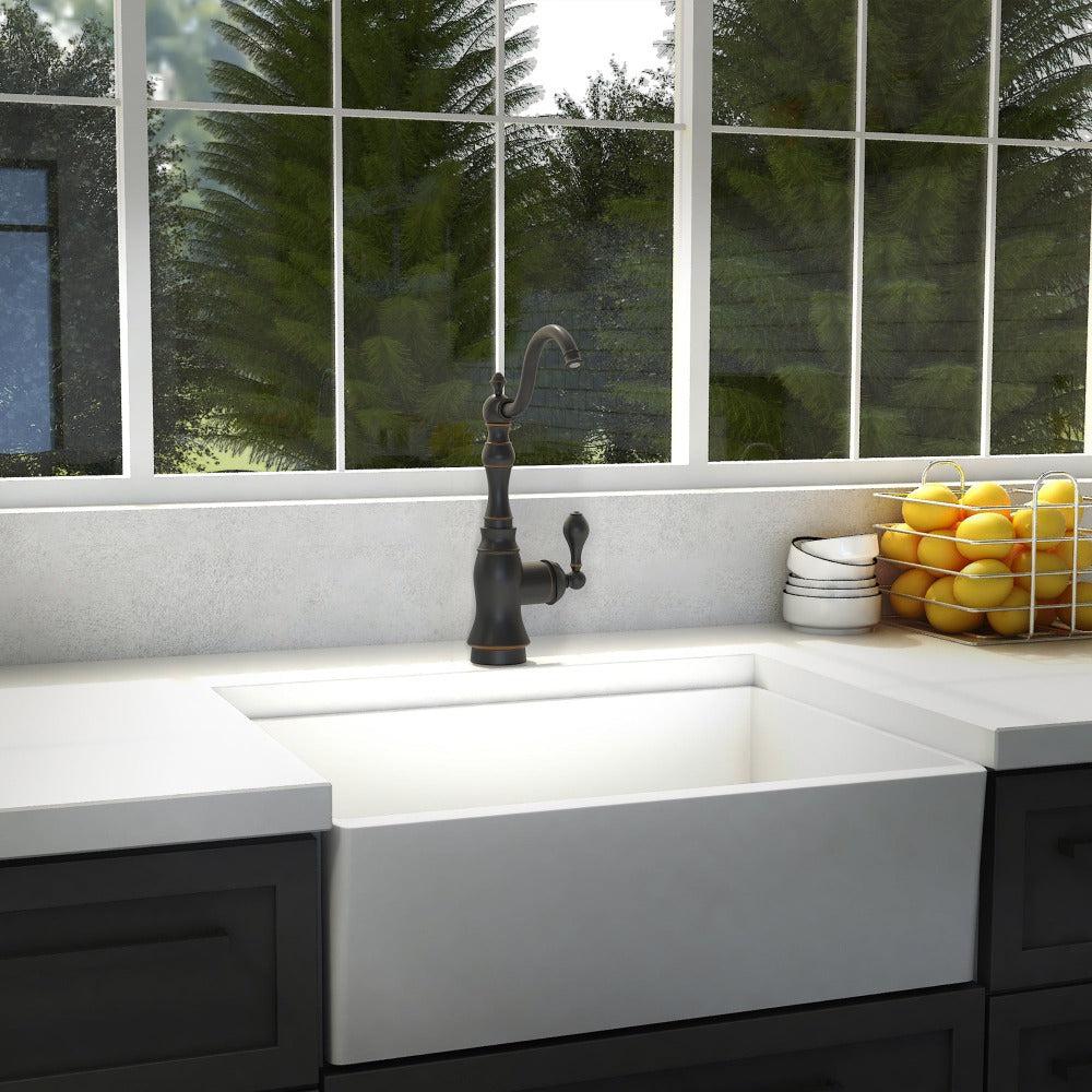 ZLINE Rembrandt Kitchen Faucet in Oil-Rubbed Bronze (REM-KF-ORB) in a cottage-style kitchen.