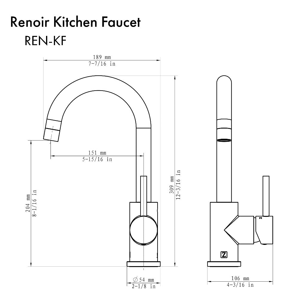 ZLINE Renoir Single Handle Kitchen Faucet in Matte Black (REN-KF-MB) dimensional diagram.