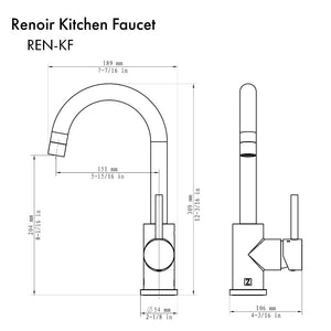 ZLINE Renoir Single Handle Kitchen Faucet in Matte Black (REN-KF-MB) dimensional diagram.