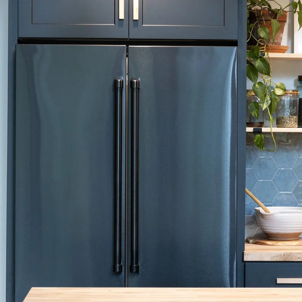 ZLINE 36 in. 22.5 cu. ft. Counter-Depth French Door Refrigerator with Ice Maker in Fingerprint-Resistant Black Stainless Steel (RFM-36-BS) in a kitchen setting