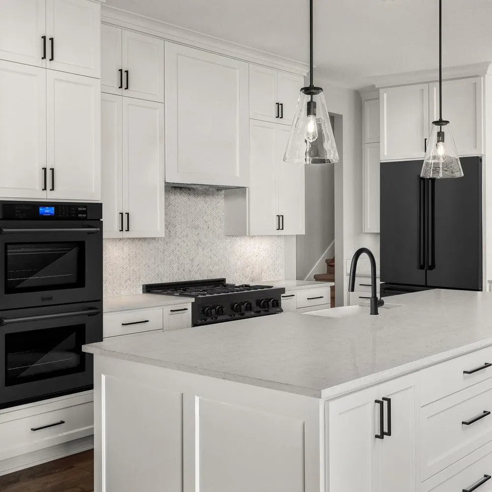 ZLINE 36 in. Freestanding French Door Refrigerator with Ice Maker in Black Stainless Steel (RFM-36-BS) in a luxury cottage-style kitchen with matching appliances.