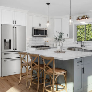 Farmhouse kitchen with ZLINE 36 in. 21.6 cu. ft. Counter-Depth French Door Refrigerator with Water and Ice Dispenser in Fingerprint-Resistant Stainless Steel (RFM-W-36), stainless steel appliances, white countertops, and wooden stools.