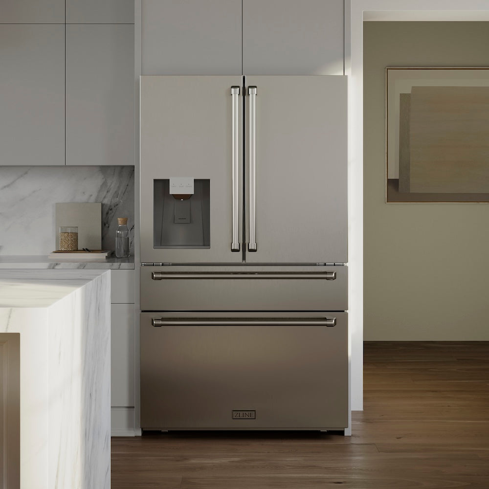 ZLINE 36 in. 21.6 cu. ft. Counter-Depth French Door Refrigerator with Water and Ice Dispenser in Fingerprint-Resistant Stainless Steel (RFM-W-36) in a modern kitchen setting