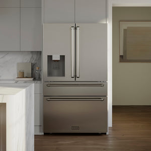 ZLINE 36 in. 21.6 cu. ft. Counter-Depth French Door Refrigerator with Water and Ice Dispenser in Fingerprint-Resistant Stainless Steel (RFM-W-36) in a modern kitchen setting