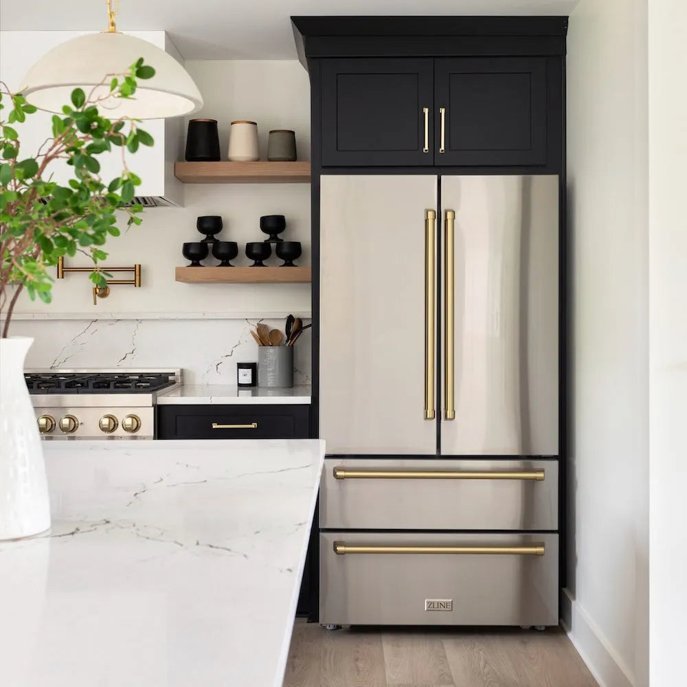 Farmhouse kitchen with a ZLINE Autograph Edition 36 in. 22.5 cu. ft. Counter-Depth French Door Refrigerator with Ice Maker in Fingerprint-Resistant Stainless Steel with Polished Gold Traditional Handles (RFMZ-36-G)