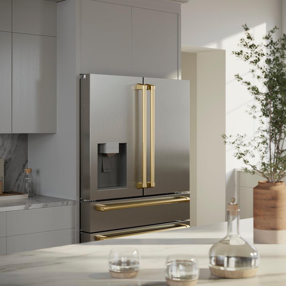 ZLINE 36 in. Autograph Edition 21.6 cu. ft Freestanding French Door Refrigerator with Water Dispenser in Stainless Steel with Polished Gold Accents (RFMZ-W-36-G) in a modern luxury kitchen, side.