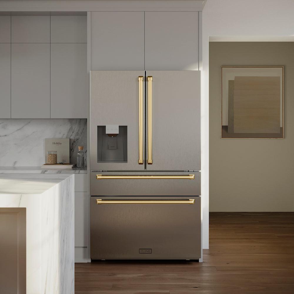 ZLINE 36 in. Autograph Edition 21.6 cu. ft Freestanding French Door Refrigerator with Water Dispenser in Stainless Steel with Polished Gold Accents (RFMZ-W-36-G) in a modern luxury kitchen, front.