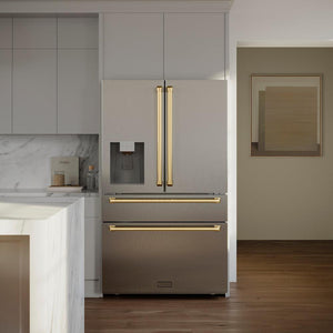 ZLINE Autograph Edition 36 in. 21.6 cu. ft. Counter-Depth French Door Refrigerator with Water and Ice Dispenser in Fingerprint-Resistant Stainless Steel with Polished Gold Traditional Handles (RFMZ-W-36-G) in a modern luxury kitchen, front.