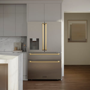 Modern kitchen with a ZLINE Autograph Edition 36 in. 21.6 cu. ft. Counter-Depth French Door Refrigerator with Water and Ice Dispenser in Fingerprint-Resistant Stainless Steel with Polished Gold Traditional Handles (RFMZ-W-36-G) 
