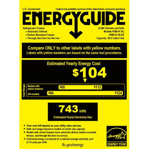 ZLINE Autograph Edition 36 in. 28.9 cu. ft. Standard-Depth French Door External Water Dispenser Refrigerator with Dual Ice Maker in Fingerprint-Resistant Stainless Steel and Polished Nickel Helix Handles (RSMZ-W-36-KPN) energy usage guide.