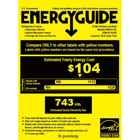 ZLINE Autograph Edition 36 in. 28.9 cu. ft. Standard-Depth French Door External Water Dispenser Refrigerator with Dual Ice Maker in Fingerprint-Resistant Stainless Steel and Champagne Bronze Helix Handles (RSMZ-W-36-KCB) energy usage guide.