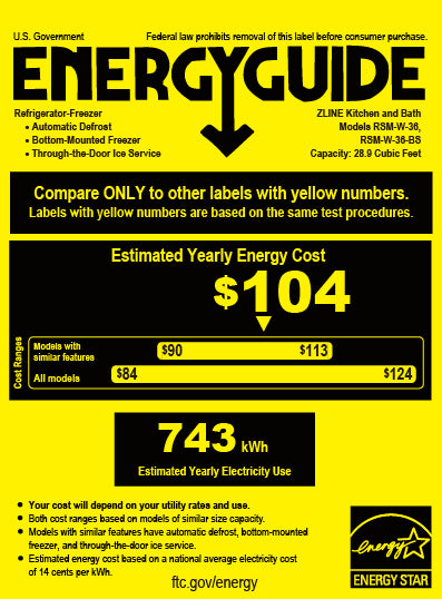 ZLINE Autograph Edition 36 in. 28.9 cu. ft. Standard-Depth French Door External Water Dispenser Refrigerator with Dual Ice Maker in Fingerprint-Resistant Stainless Steel and Polished Gold Traditional Handles (RSMZ-W-36-G) energy usage guide showing energy star certification.