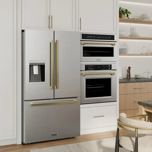 Modern kitchen with ZLINE Autograph Edition 36 in. 28.9 cu. ft. Standard-Depth French Door External Water Dispenser Refrigerator with Dual Ice Maker in Fingerprint-Resistant Stainless Steel and Champagne Bronze Modern Handles (RSMZ-W-36-FCB) and wall ovens.