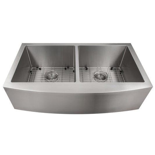 ZLINE Niseko 36 in. Farmhouse Apron Mount Double Bowl Stainless Steel Kitchen Sink with Bottom Grid (SA50D-36) front.