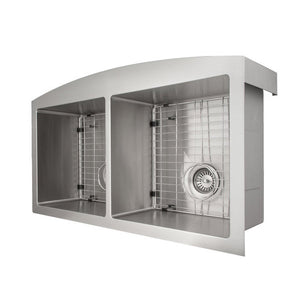 ZLINE Niseko 36 in. Farmhouse Apron Mount Double Bowl Stainless Steel Kitchen Sink with Bottom Grid (SA50D-36) overhead, side.