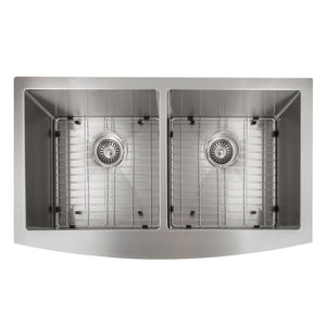 ZLINE Niseko 36 in. Farmhouse Apron Mount Double Bowl Stainless Steel Kitchen Sink with Bottom Grid (SA50D-36) overhead.