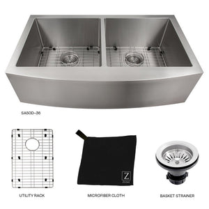 ZLINE Niseko 36 in. Farmhouse Apron Mount Double Bowl Stainless Steel Kitchen Sink with Bottom Grid (SA50D-36) with utility rack, microfiber cloth, and basket strainer.