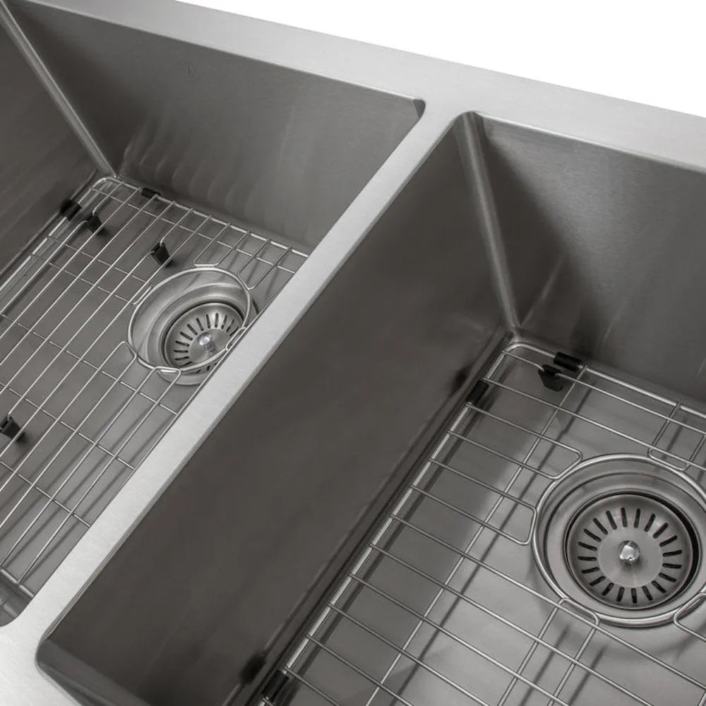ZLINE Courchevel 36 in. Farmhouse Apron Mount Double Bowl Stainless Steel Kitchen Sink with Bottom Grid (SA60D-36) basin divide.
