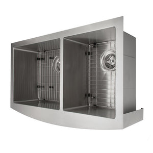 ZLINE Courchevel 36 in. Farmhouse Apron Mount Double Bowl Stainless Steel Kitchen Sink with Bottom Grid (SA60D-36) overhead, side.