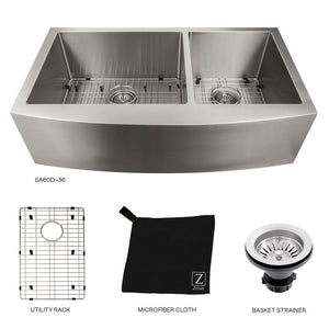 ZLINE Courchevel 36 in. Farmhouse Apron Mount Double Bowl Stainless Steel Kitchen Sink with Bottom Grid (SA60D-36) with utility rack, microfiber cloth, and basket strainer.