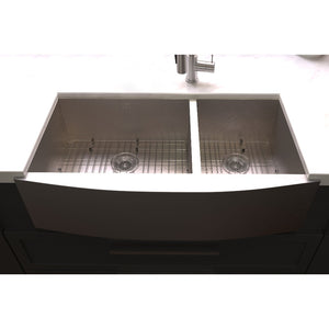 ZLINE Courchevel 36 in. Farmhouse Apron Mount Double Bowl Scratch Resistant Stainless Steel Kitchen Sink with Bottom Grid (SA60D-36S) in a farmhouse-style kitchen, front.