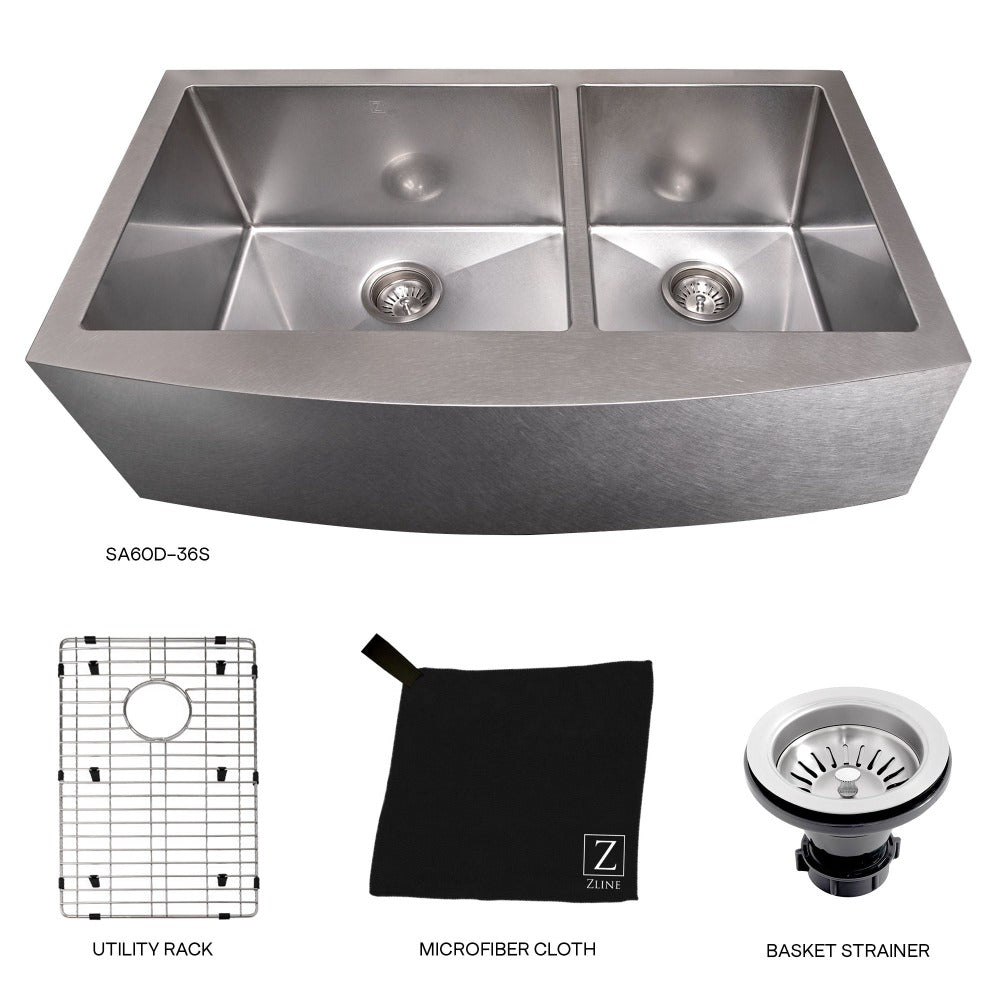 ZLINE Courchevel 36 in. Farmhouse Apron Mount Double Bowl Scratch Resistant Stainless Steel Kitchen Sink with Bottom Grid (SA60D-36S) with utility rack, microfiber cloth, and basket strainer.