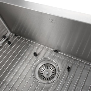 ZLINE Zermatt 30 in. Farmhouse Apron Mount Single Bowl Stainless Steel Kitchen Sink with Bottom Grid (SAS-30) basket strainer, utility grid, and logo.