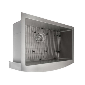 ZLINE Zermatt 30 in. Farmhouse Apron Mount Single Bowl Stainless Steel Kitchen Sink with Bottom Grid (SAS-30) overhead, side.